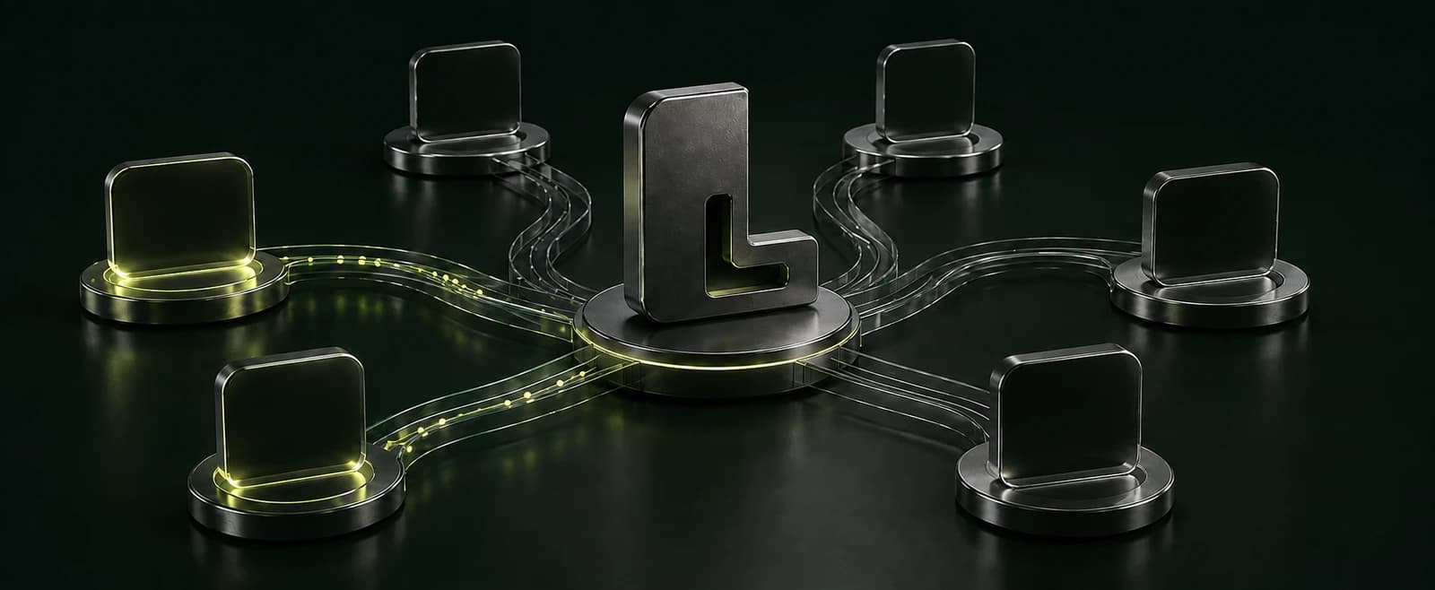 En illustration af platformens retning: et skulpturelt Linkivo i centrum med glasforbindelser til seks systemstationer.